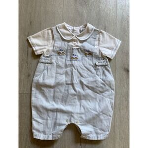 Sarah Louise England Baby Boy Blue Seersucker Hand Embroidered Car Romper 6M